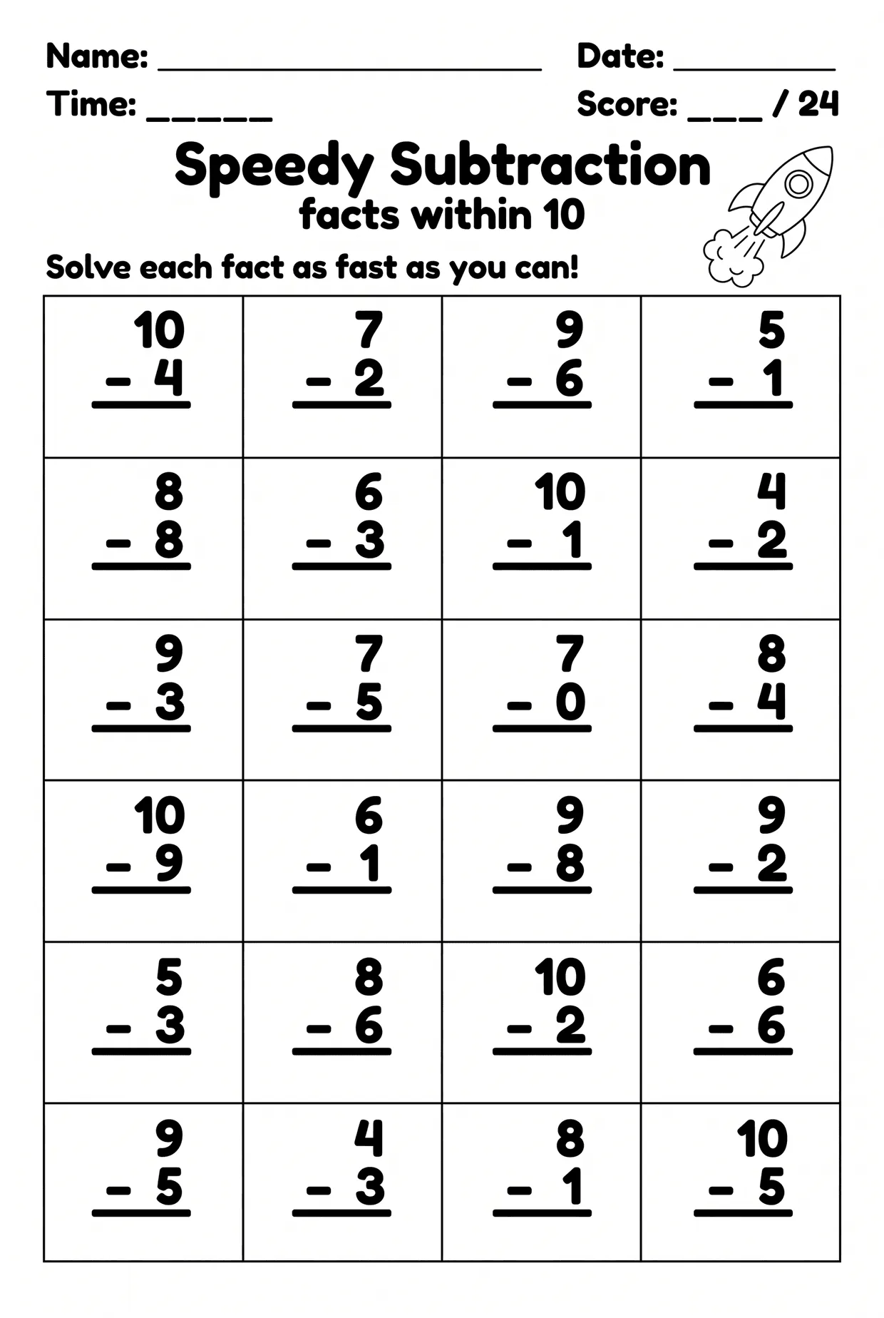 Timed Subtraction Worksheet Within 10 for Grade 1