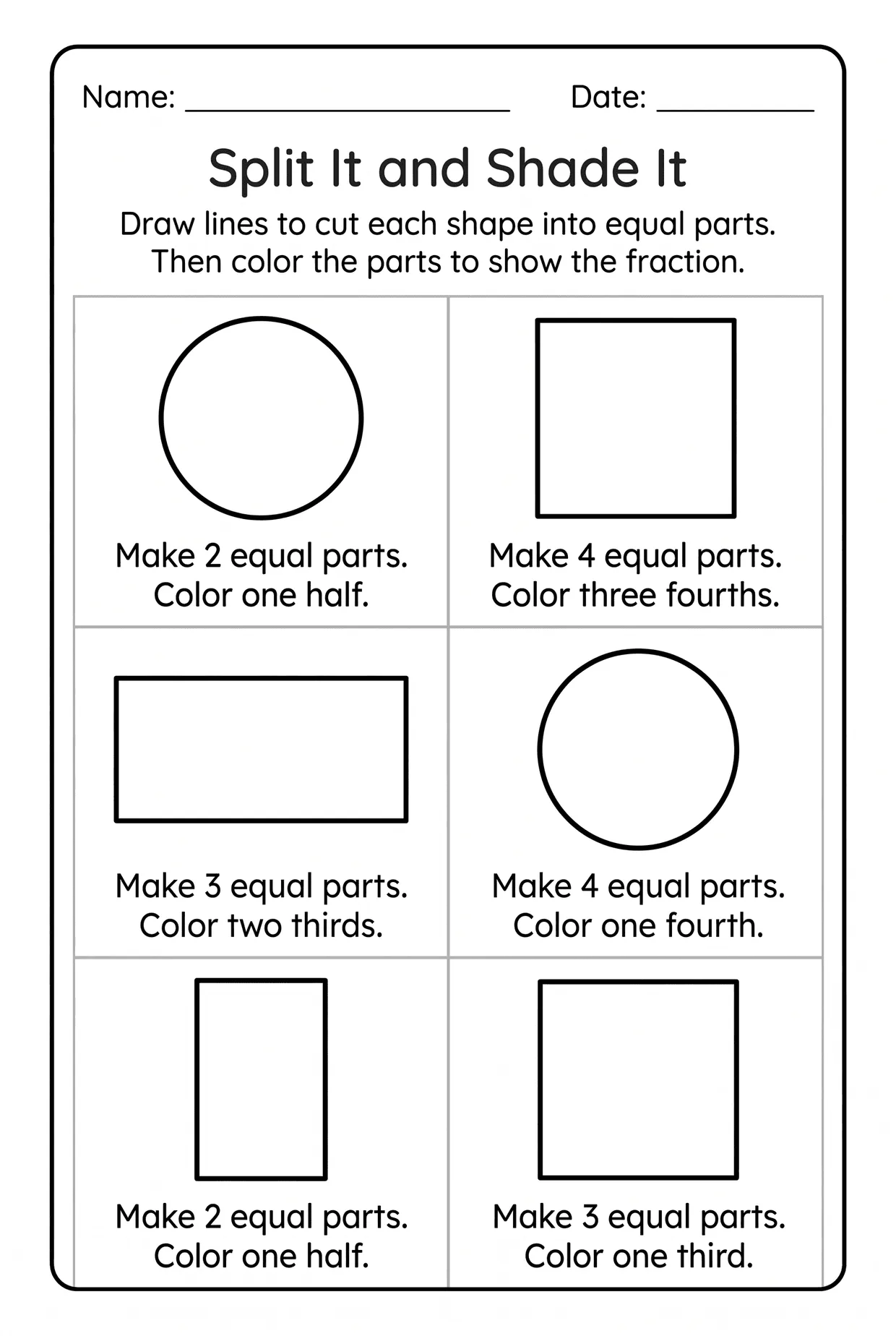 Split It and Shade It: Fractions Worksheet for Grade 2 worksheet preview