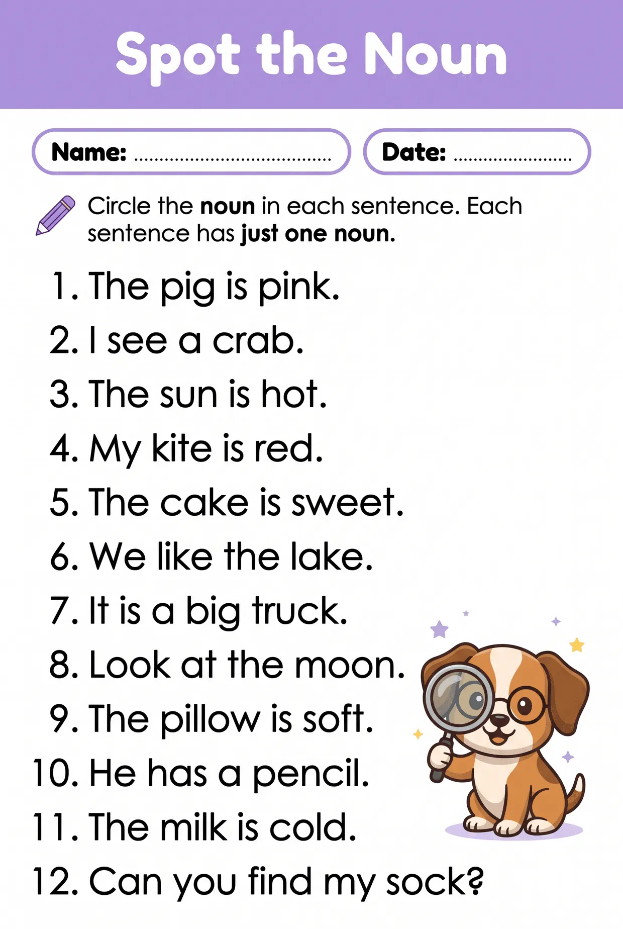 Spot the Noun: One Noun Sentences Worksheet for Grade 1, page 1 preview