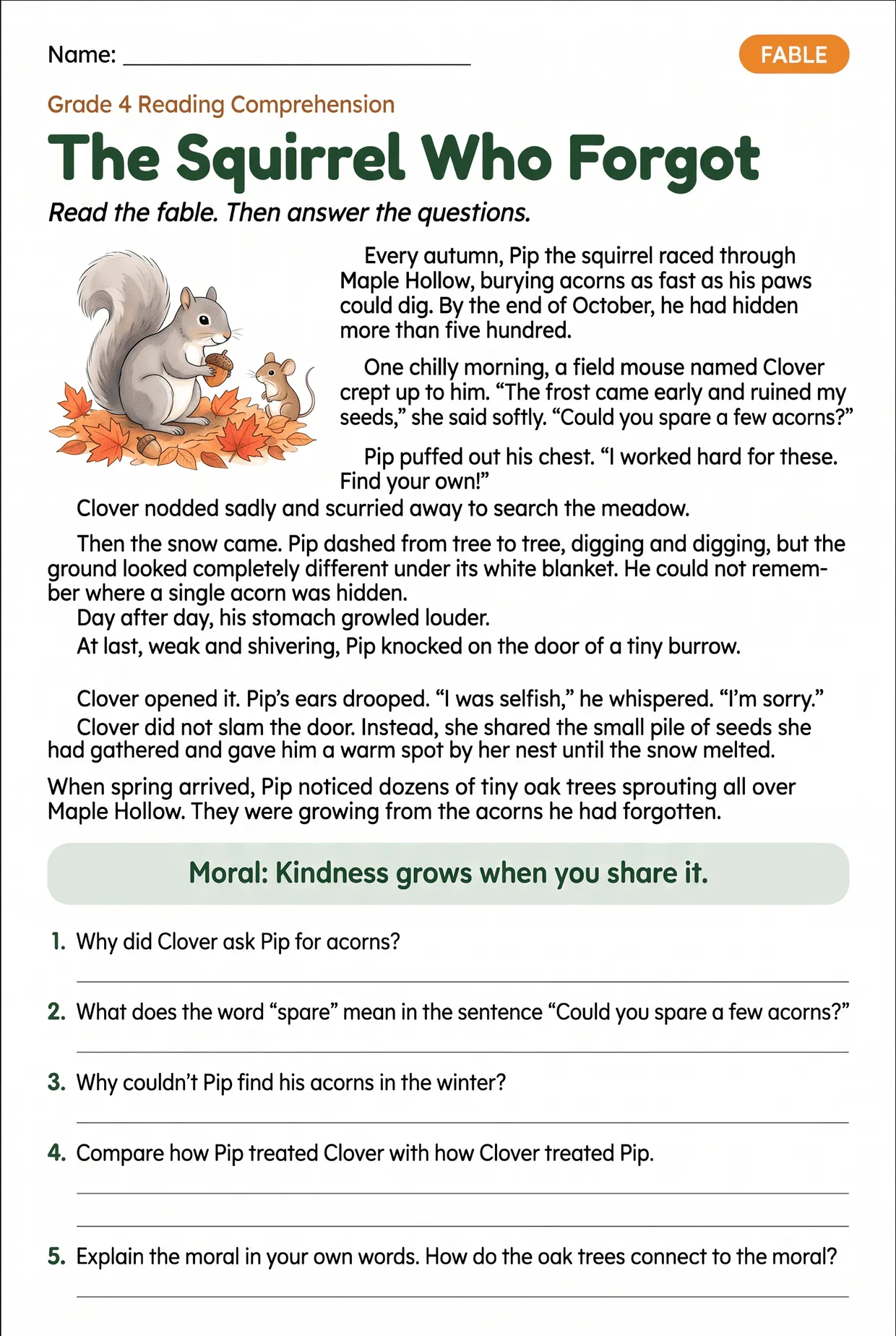 Squirrel Fable Reading Comprehension Worksheet Grade 4, page 1 preview