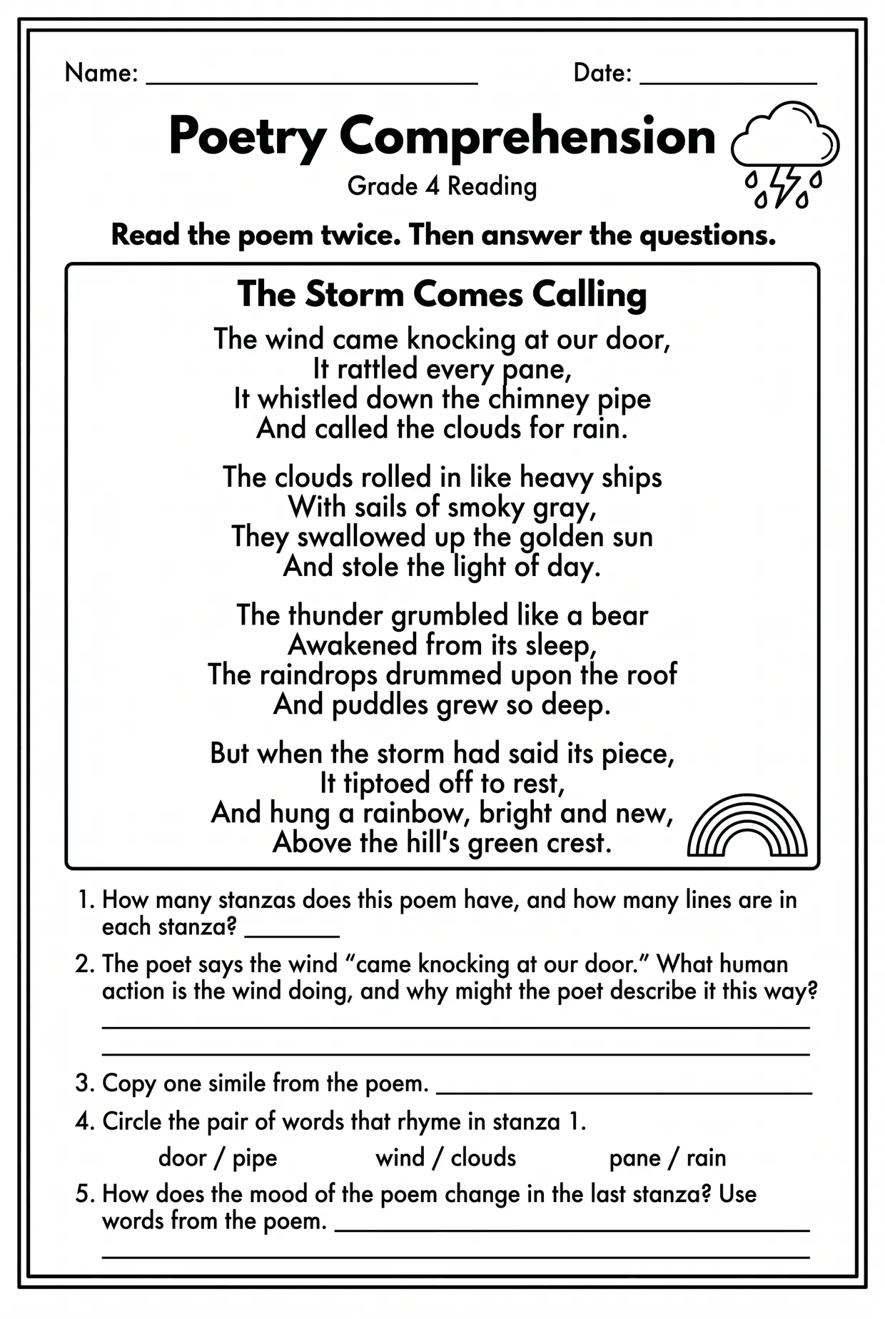 Poetry Reading Comprehension Worksheet for Grade 4, page 1 preview