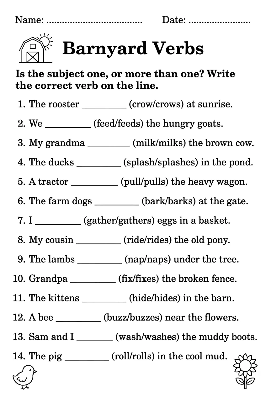 Barnyard Verbs: Subject Verb Agreement Worksheet, page 1 preview