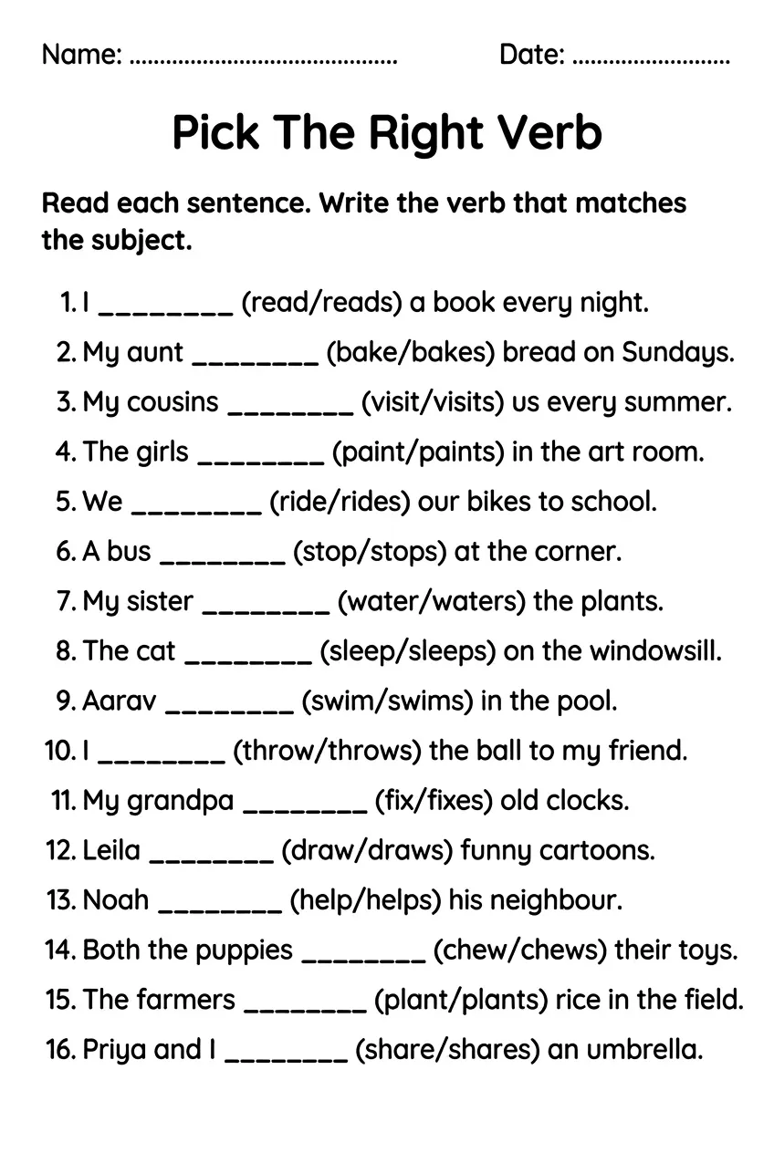 Subject Verb Agreement Worksheet: Pick the Right Verb worksheet preview
