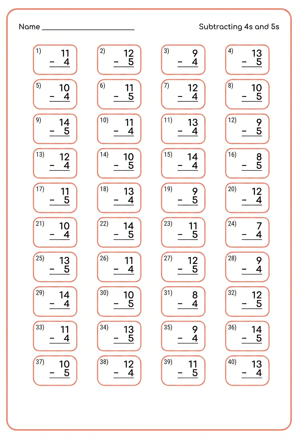 Subtraction Facts Worksheet: Subtract 4s and 5s, page 1 preview