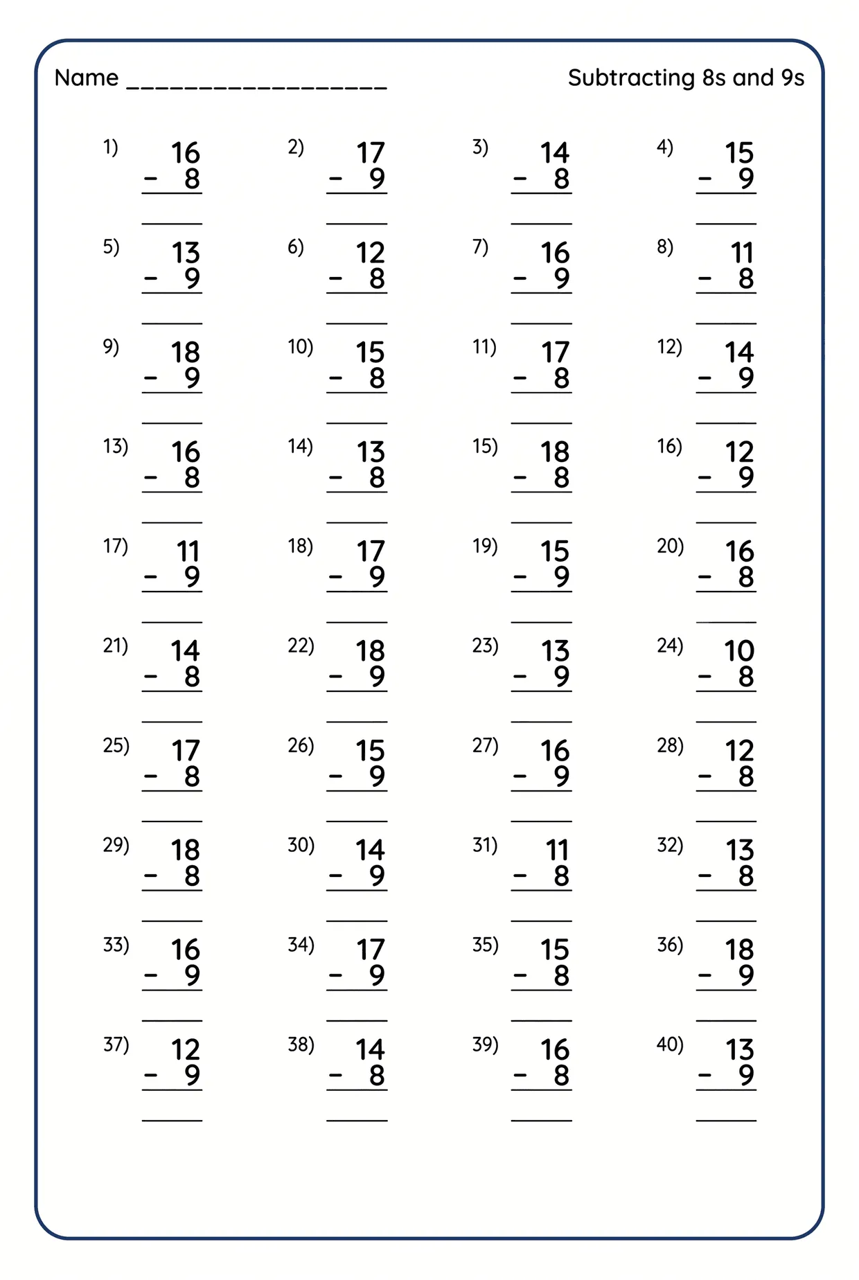 Subtraction Facts Worksheet: Subtract 8s and 9s, page 1 preview