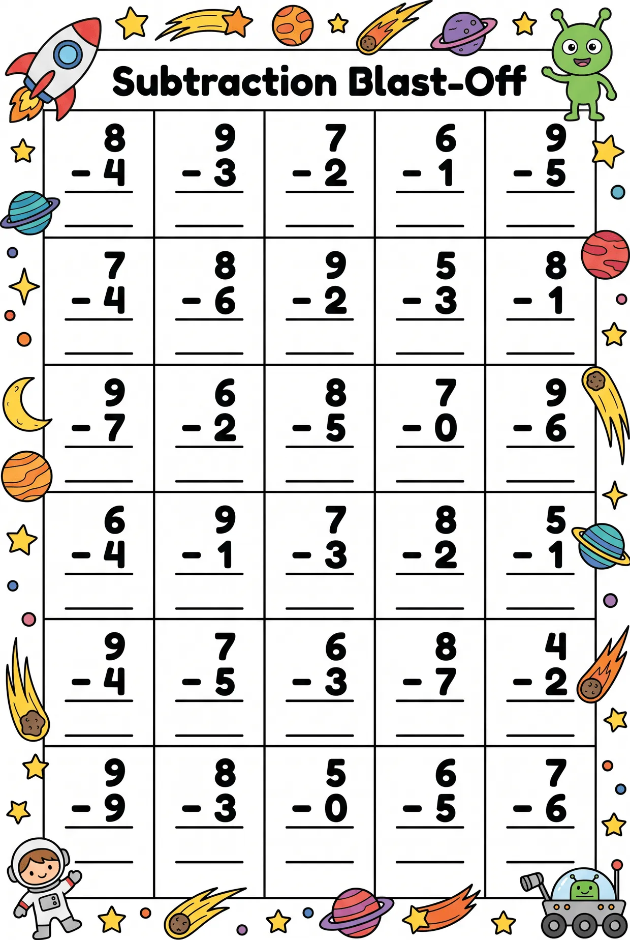 Space Subtraction Worksheet: Blast-Off (to 10), page 1 preview