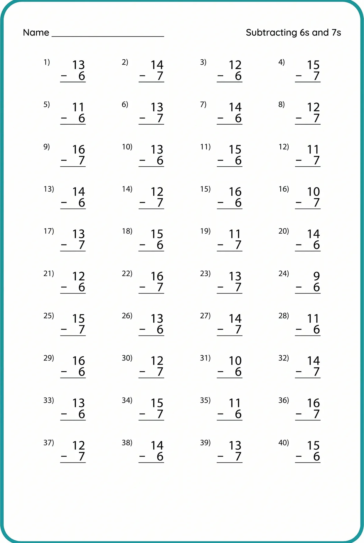 Subtraction Facts Worksheet: Subtract 6s and 7s, page 1 preview
