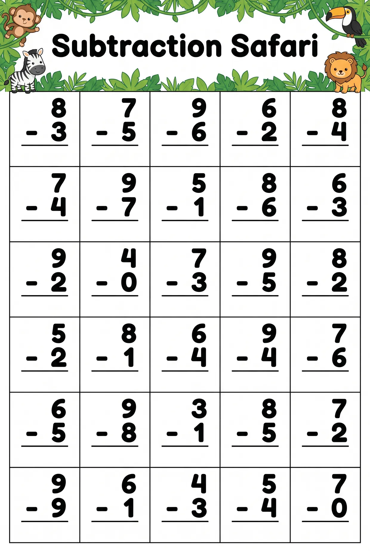 Safari Subtraction Worksheet: Facts to 10, page 1 preview