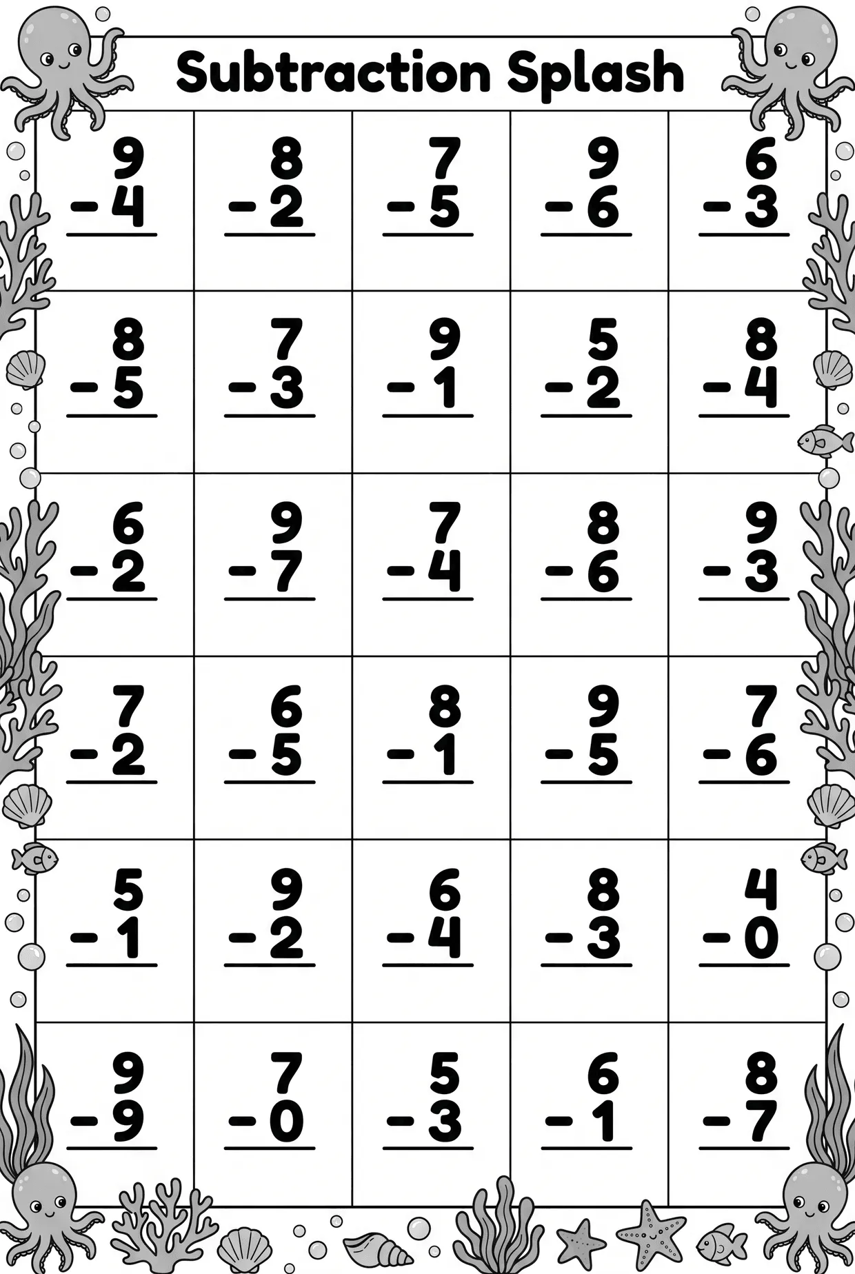 Under the Sea Subtraction Worksheet: Facts to 10, page 1 preview