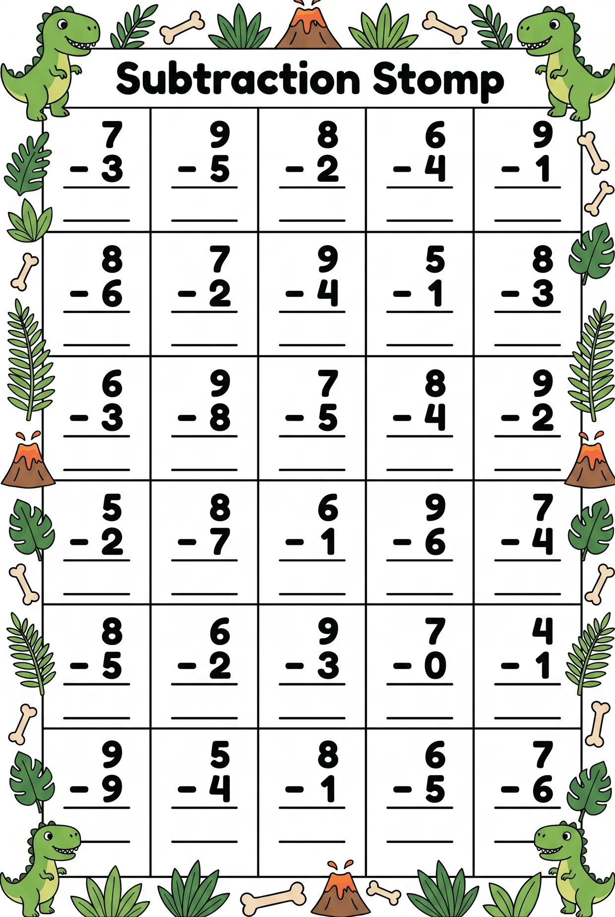 Dinosaur Subtraction Worksheet: Facts to 10, page 1 preview