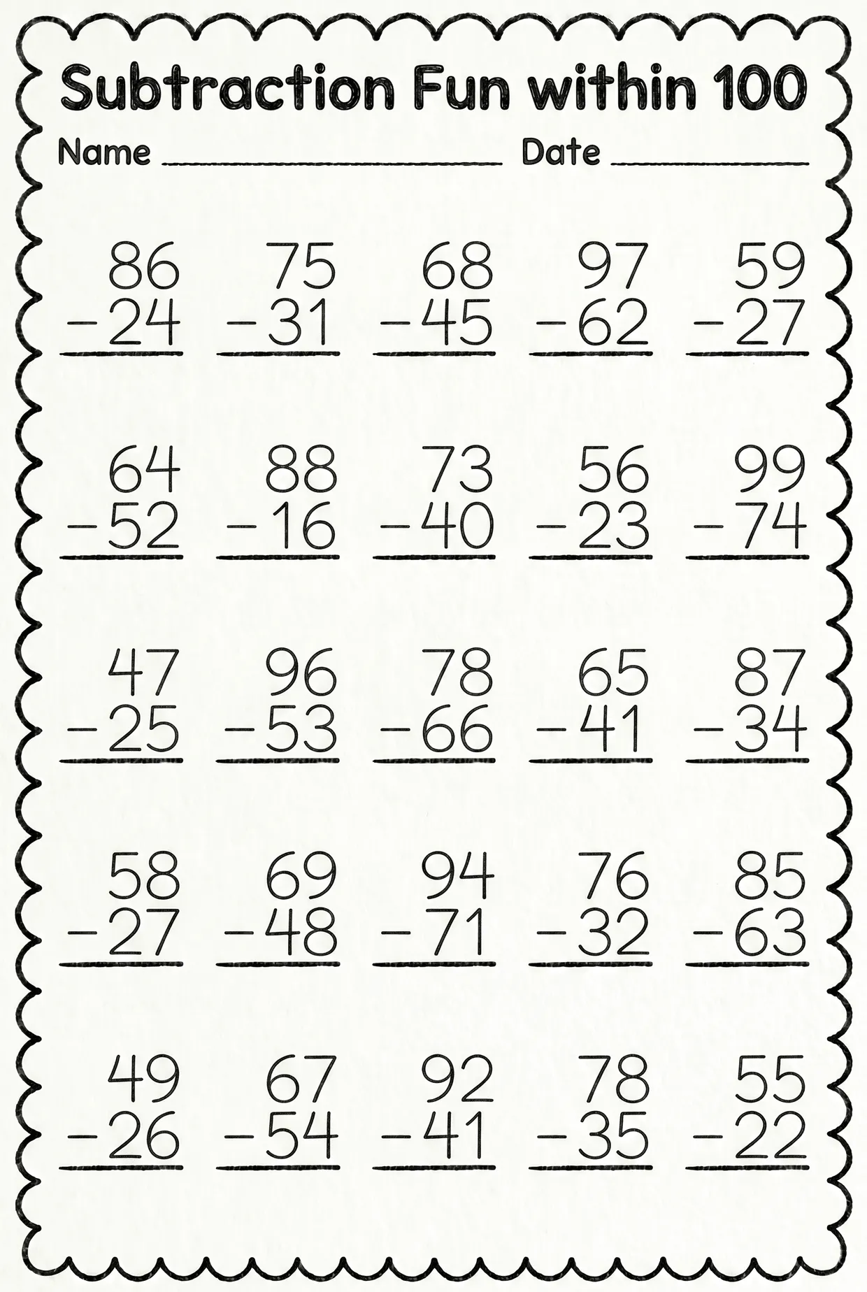 Subtraction Within 100 Worksheet, No Regrouping, page 1 preview