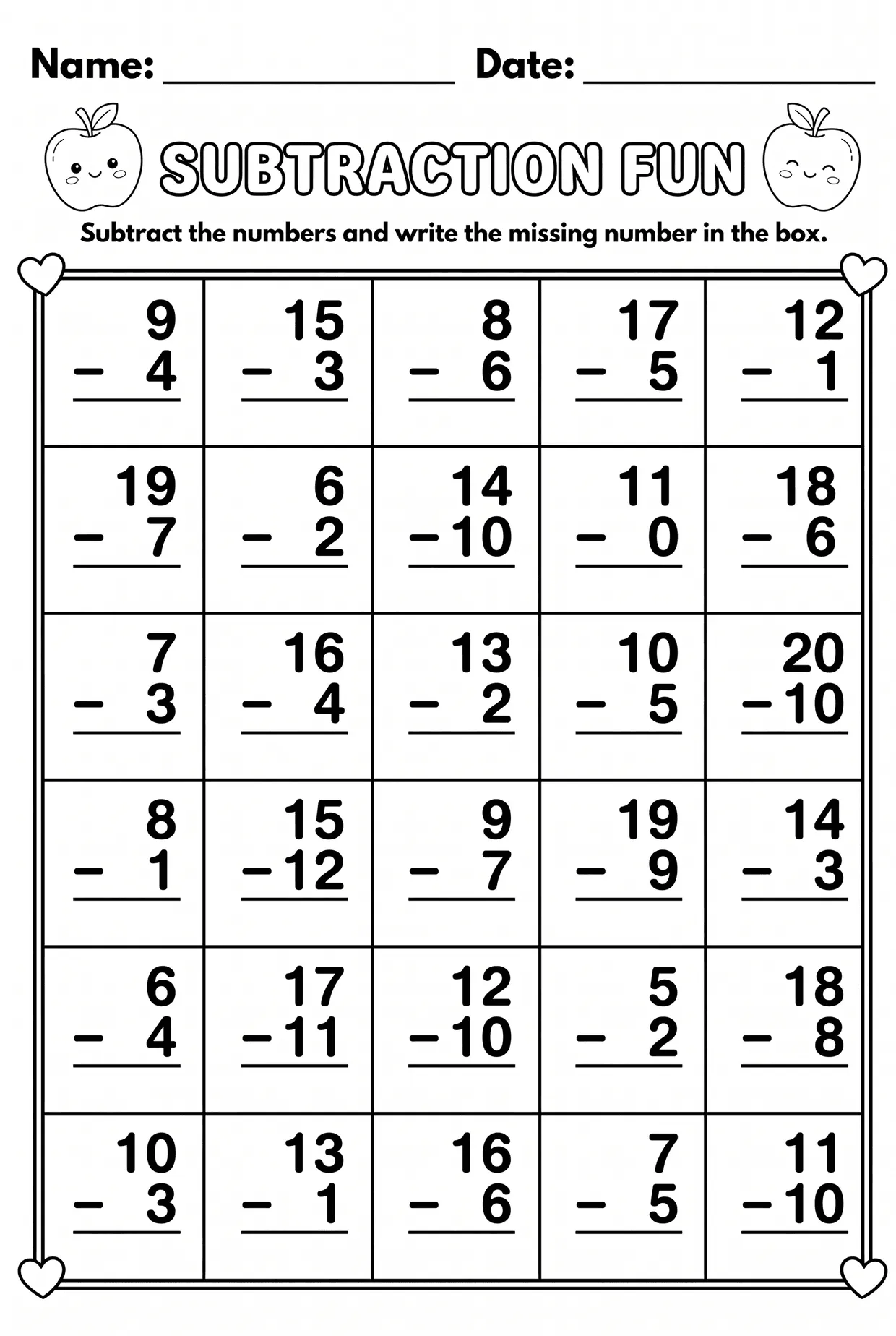 Subtraction Within 20 Worksheet for First Grade, page 1 preview