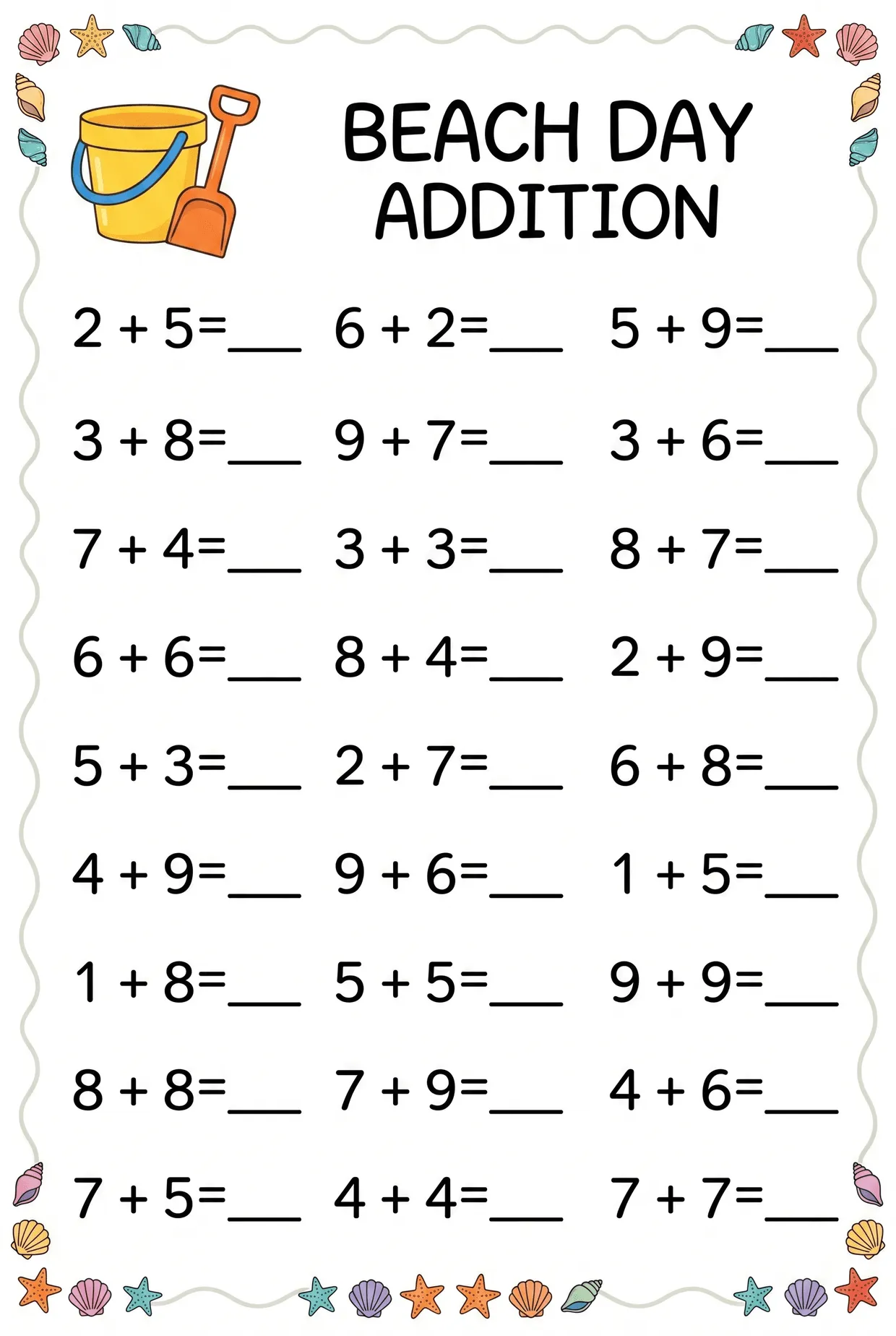 Beach Day Addition worksheet preview