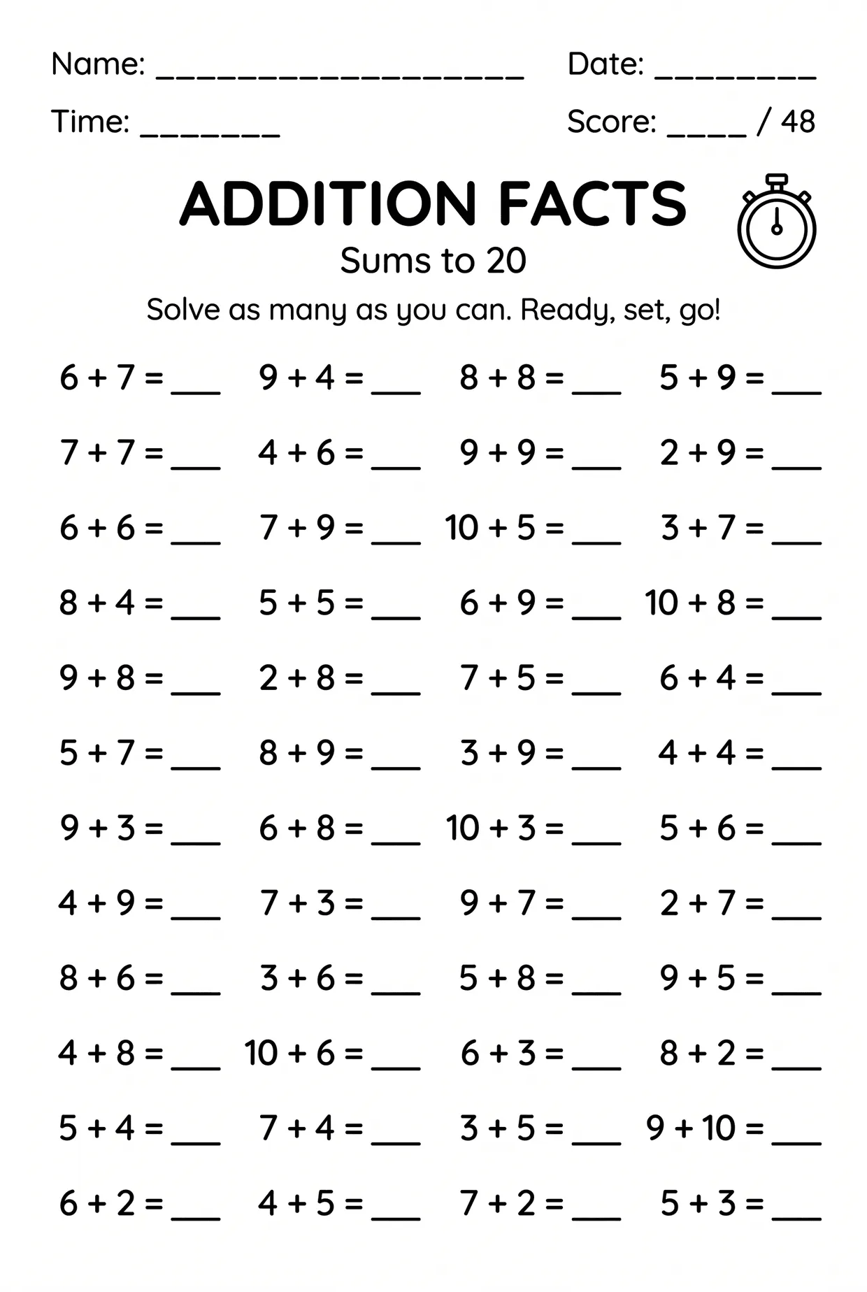 Timed Addition Within 20 Worksheet for 2nd Grade, page 1 preview
