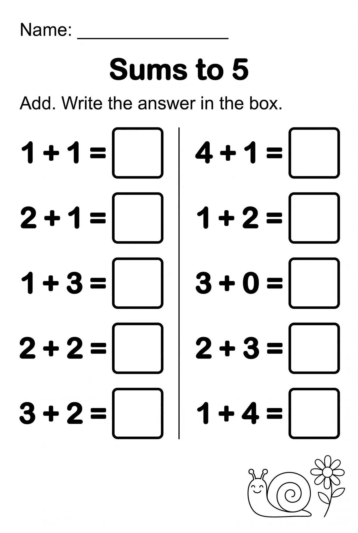 Sums to 5 Kindergarten Addition Worksheet, page 1 preview