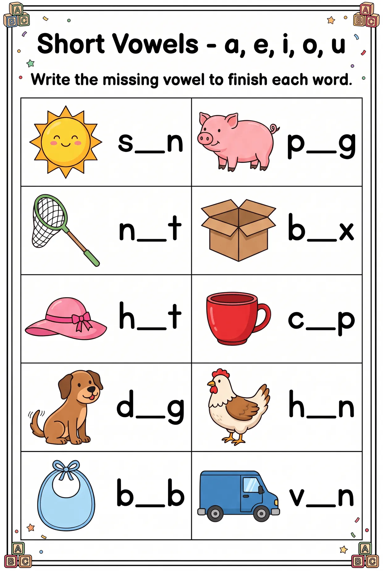 Short Vowels a e i o u: 10 CVC Words in Color worksheet preview
