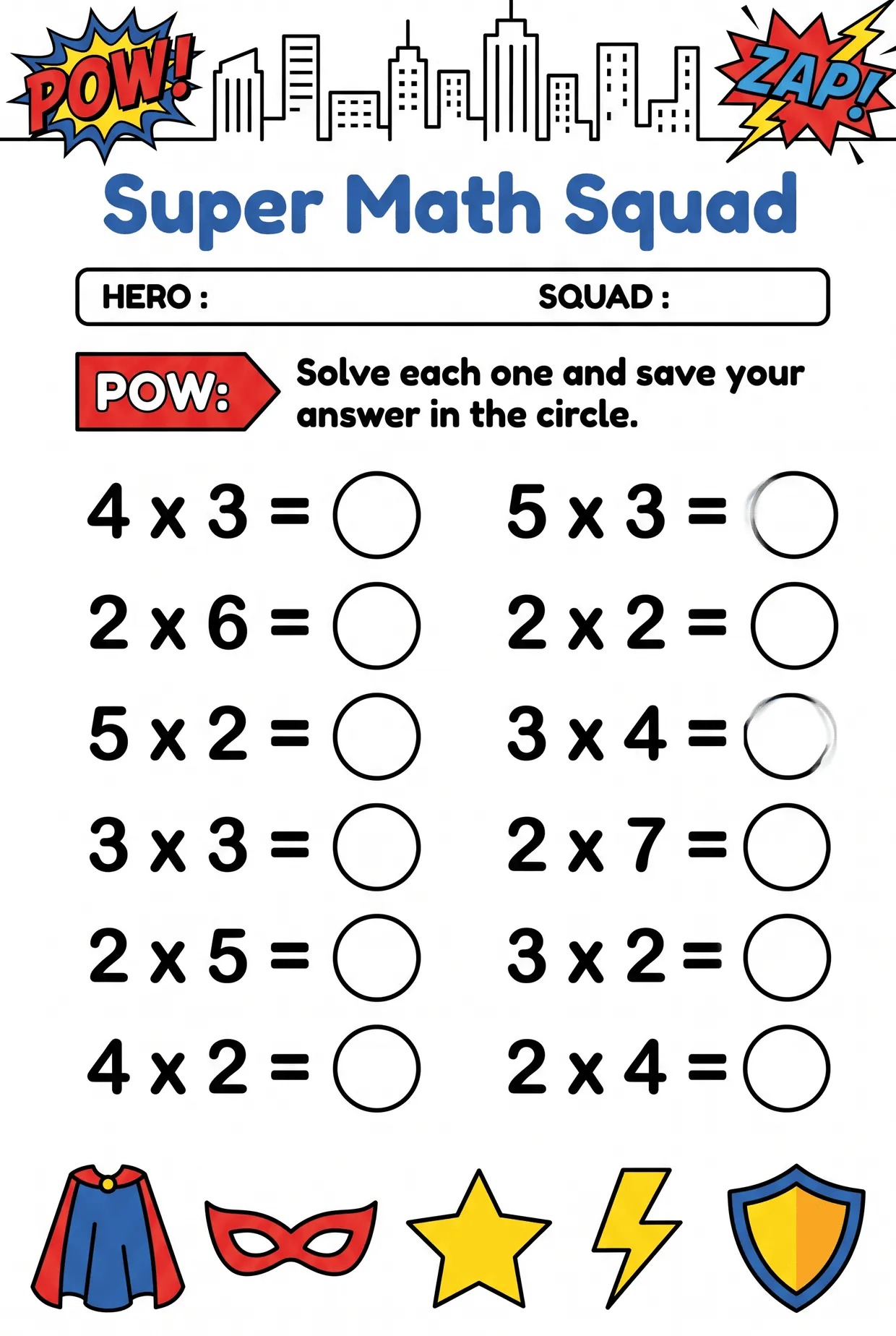 Super Math Squad: Superhero Multiplication Worksheet, page 1 preview