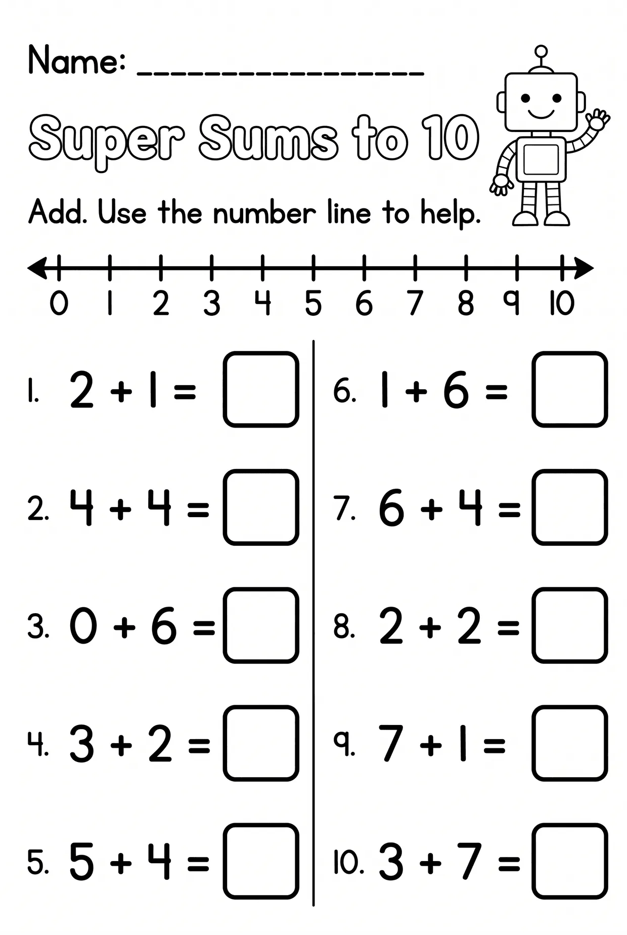 Super Sums Number Line Kindergarten Addition Worksheet, page 1 preview