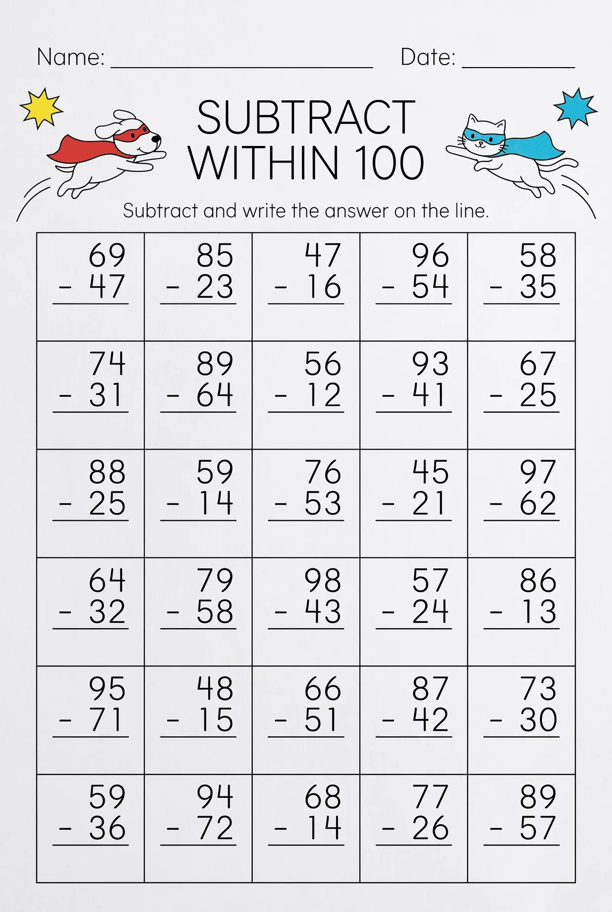Superhero 2nd Grade Subtraction Worksheet Within 100 worksheet preview