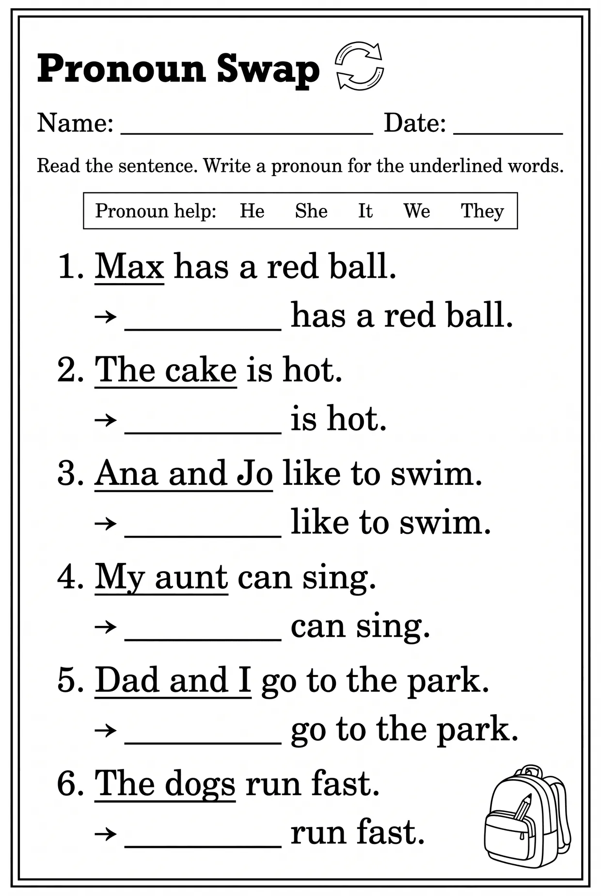 Pronoun Swap: Rewrite the Sentence Worksheet for Grade 1, page 1 preview