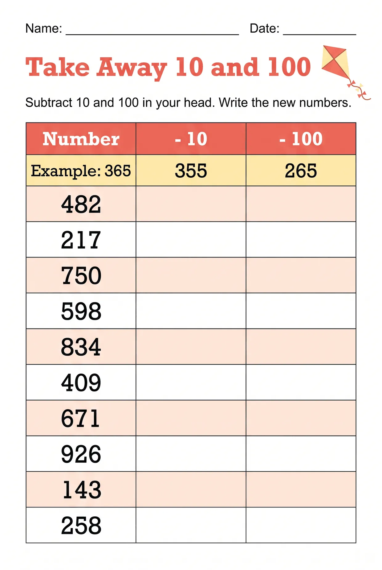 Take Away 10 and 100 Subtraction Worksheet for Grade 2, page 1 preview