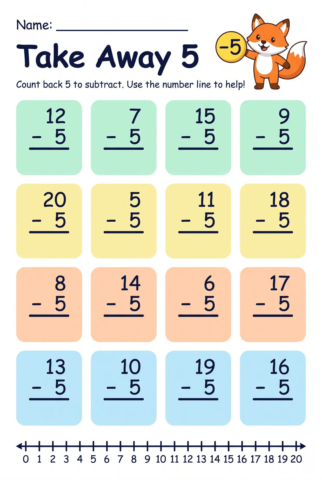 Take Away 5 Subtraction Worksheet for 1st Grade, page 1 preview