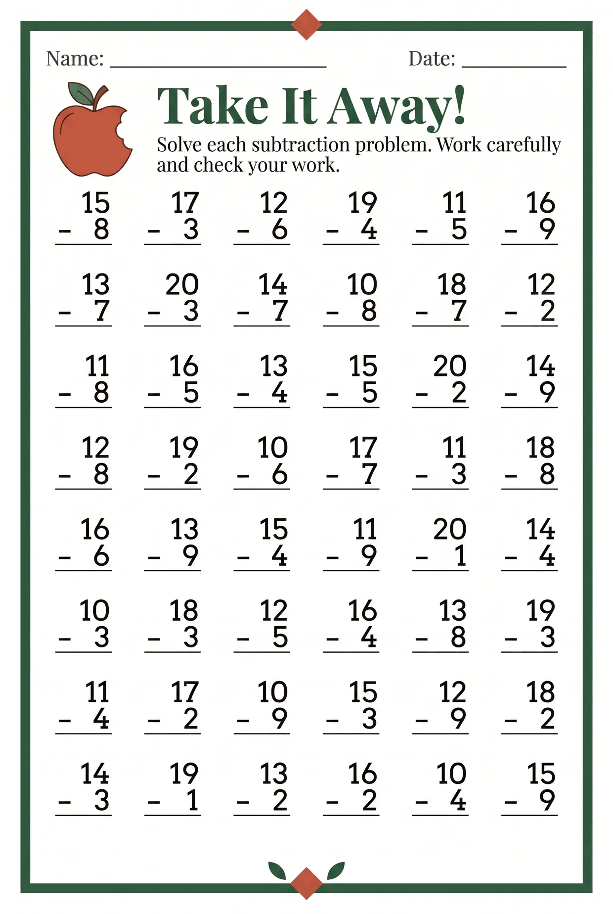 Take It Away! 2nd Grade Subtraction Worksheet worksheet preview
