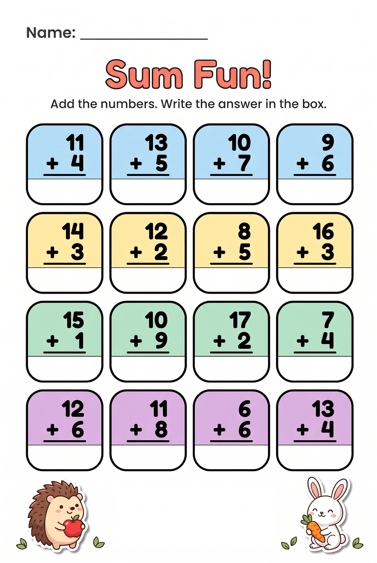Addition Color The Box Teen Number Addition Worksheet Within 20 for Grade 1