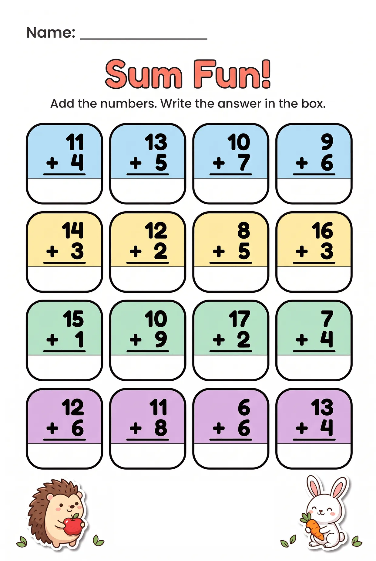 Teen Number Addition Worksheet Within 20 for Grade 1, page 1 preview