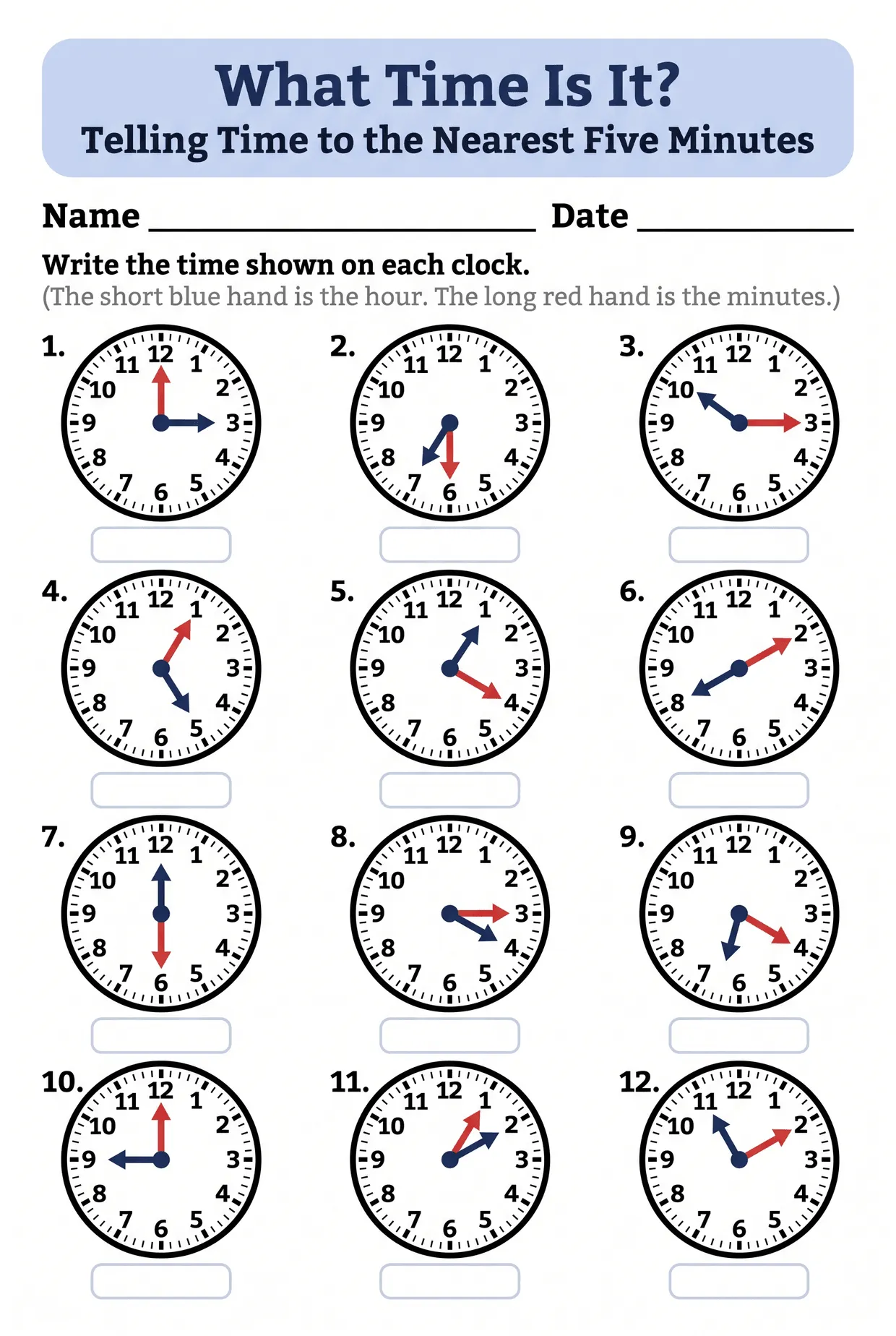 Telling Time Worksheet for 3rd Grade, page 1 preview