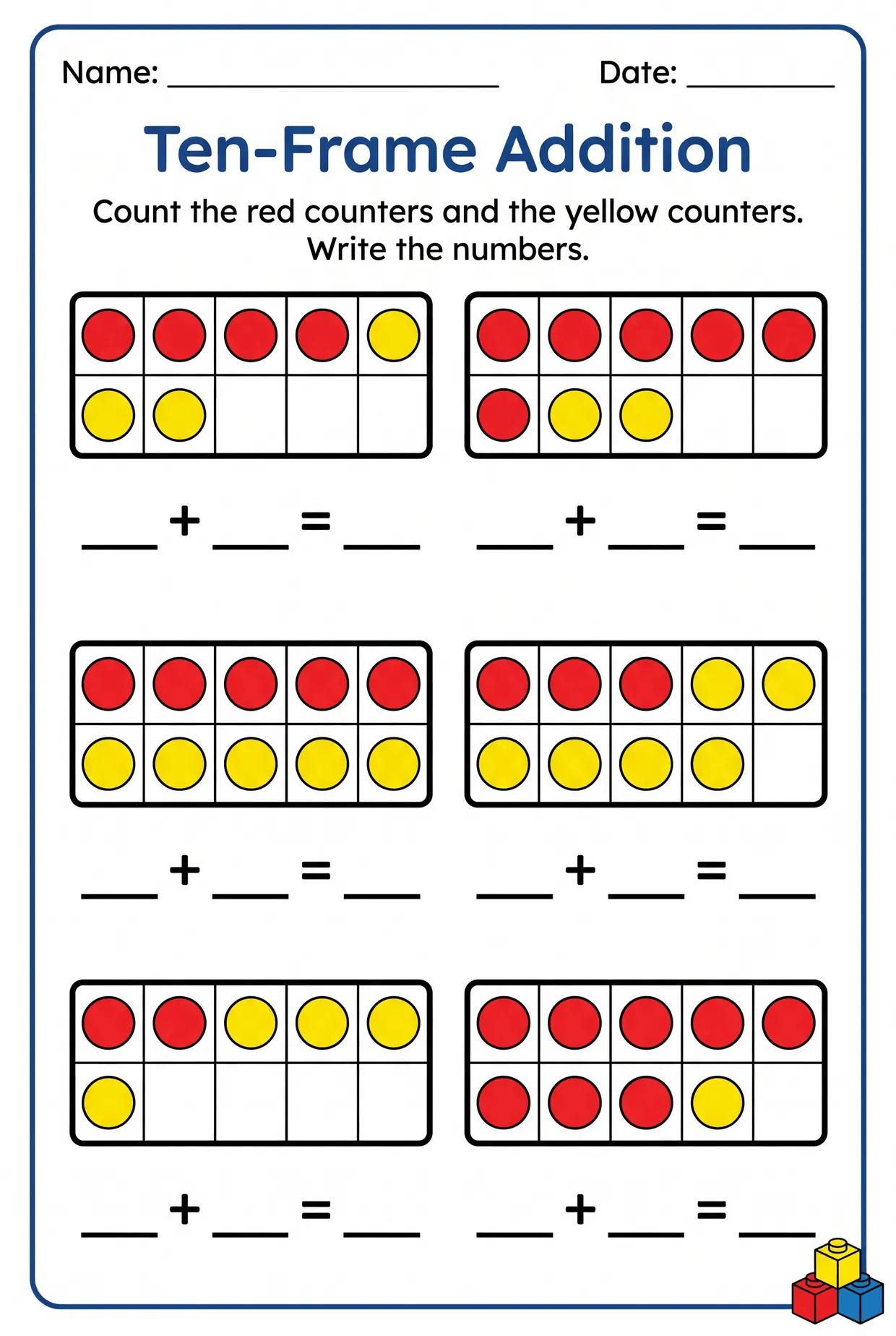 Ten-Frame Addition Worksheet: Red and Yellow Counters worksheet preview