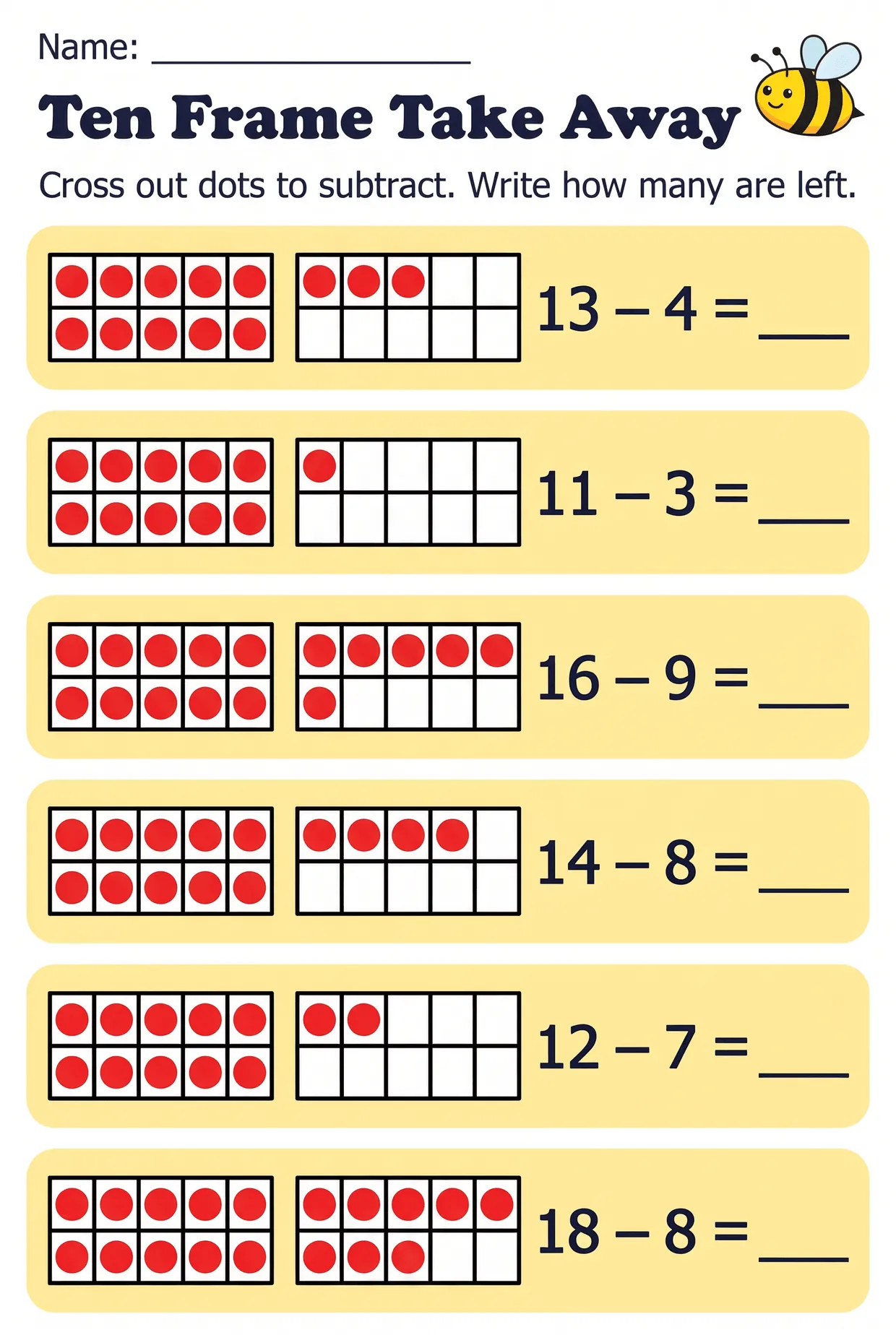 Ten Frame Subtraction Worksheet for Grade 1, page 1 preview