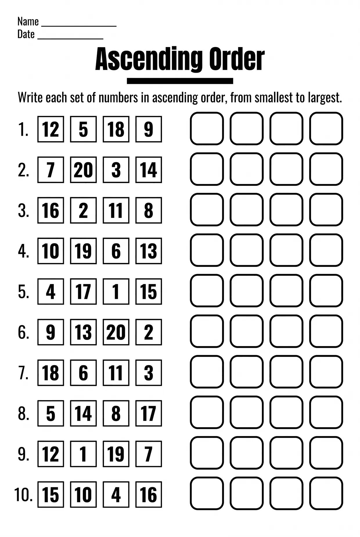 Ten Set Ascending Order Worksheet for Grade 1 worksheet preview