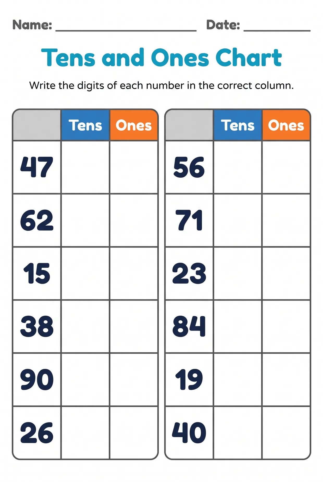 Tens and Ones Chart Place Value Worksheet for Grade 1, page 1 preview
