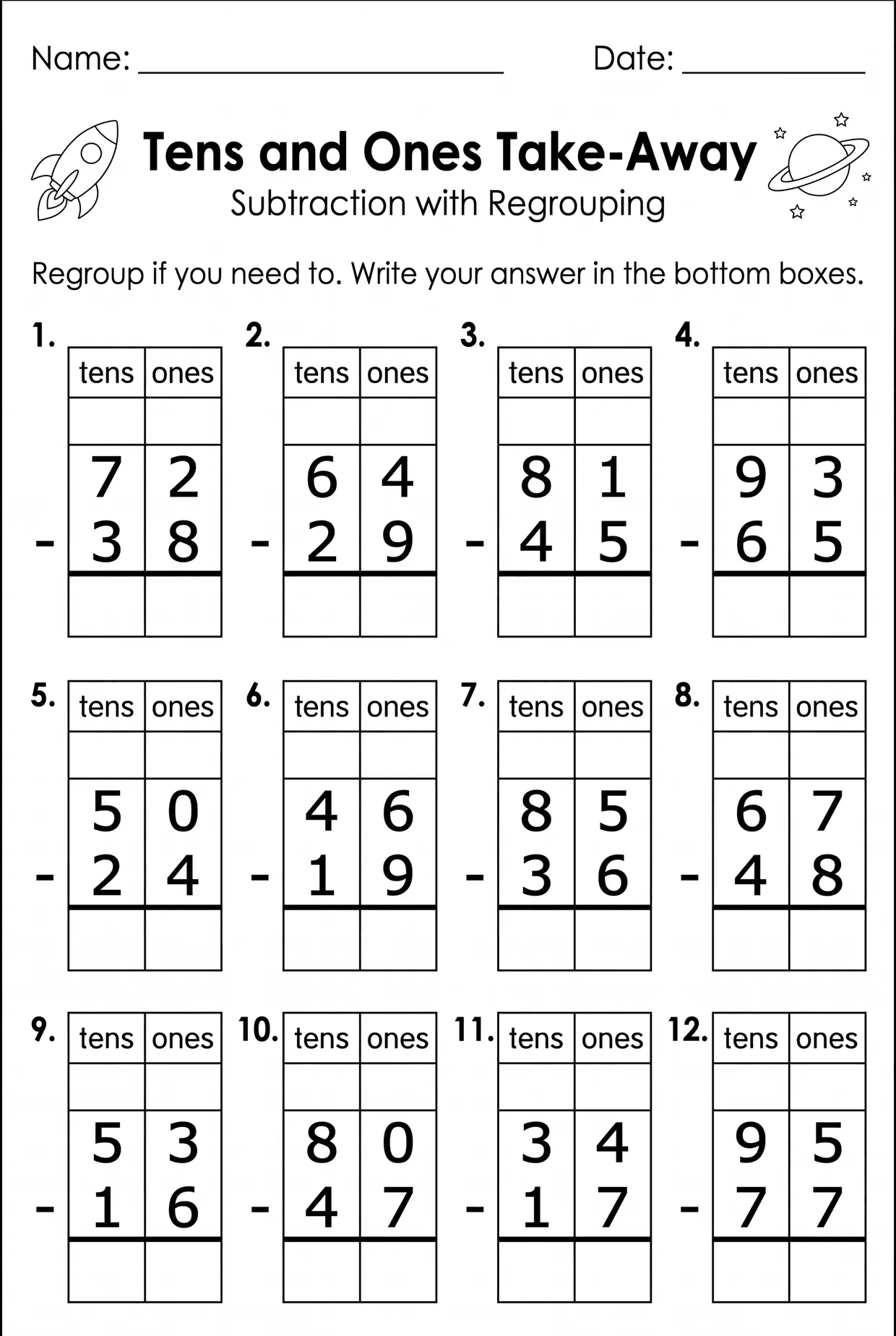 Tens and Ones Regrouping Subtraction Worksheet Grade 2, page 1 preview