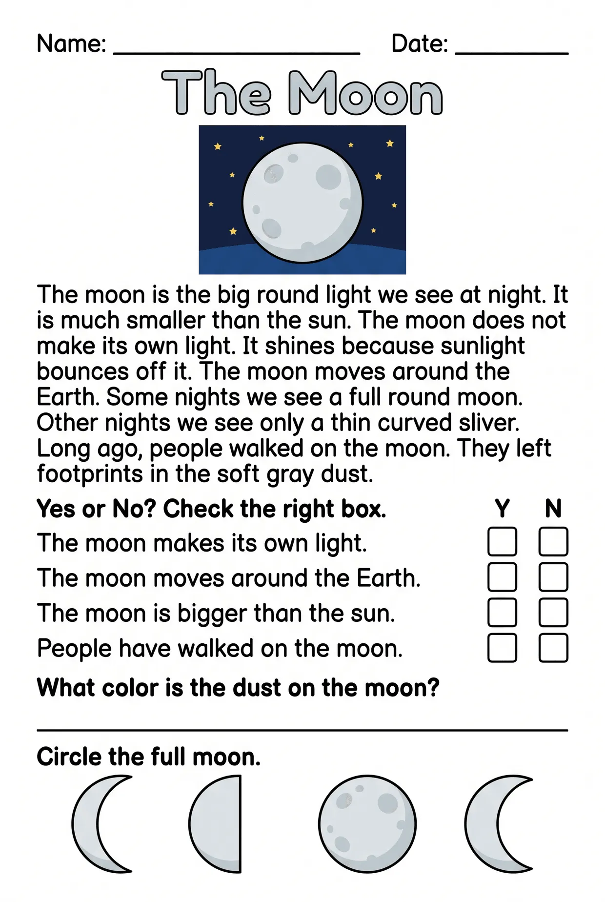 The Moon Yes or No Reading Worksheet for Grade 2, page 1 preview