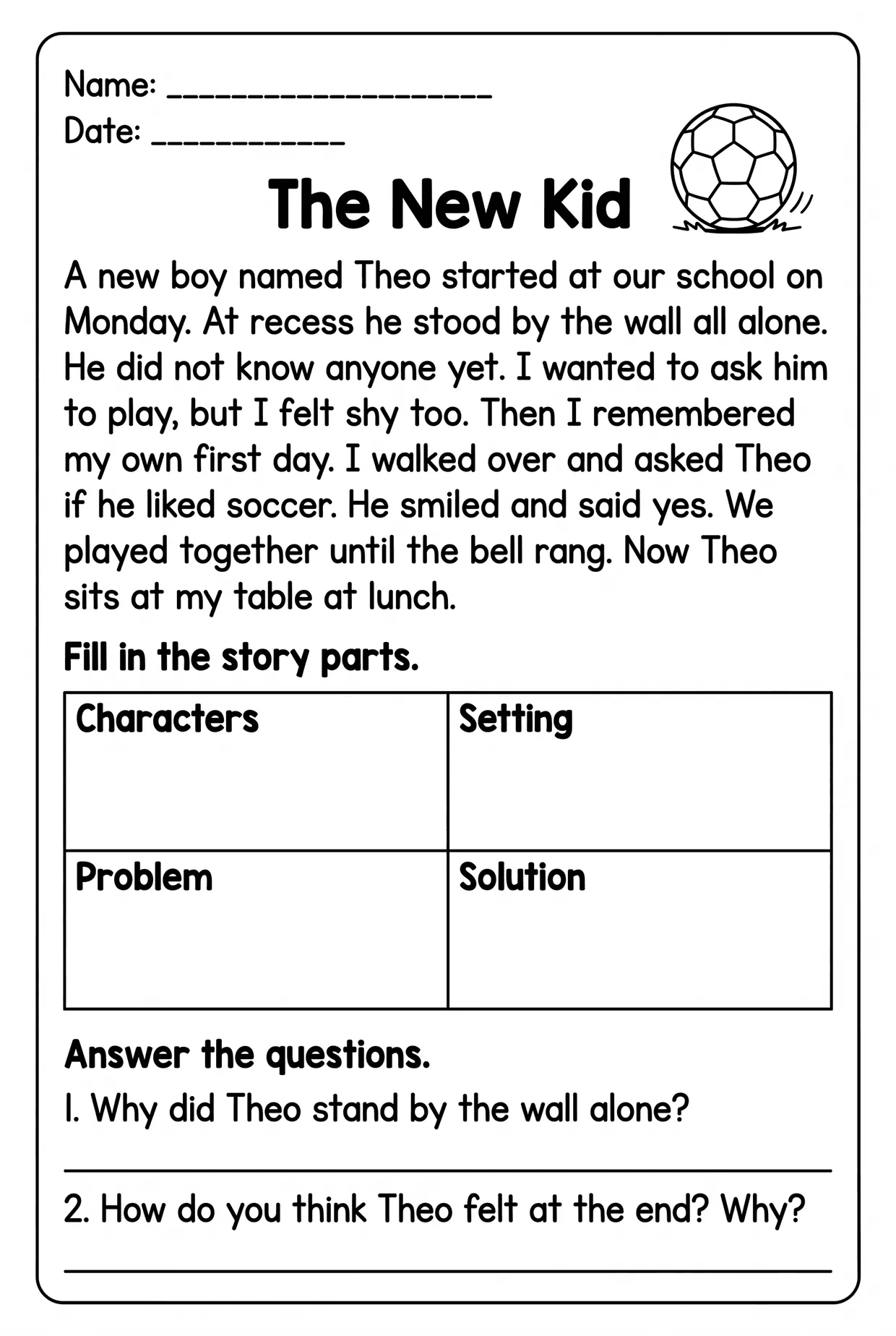 The New Kid Story Elements Worksheet for Grade 2, page 1 preview