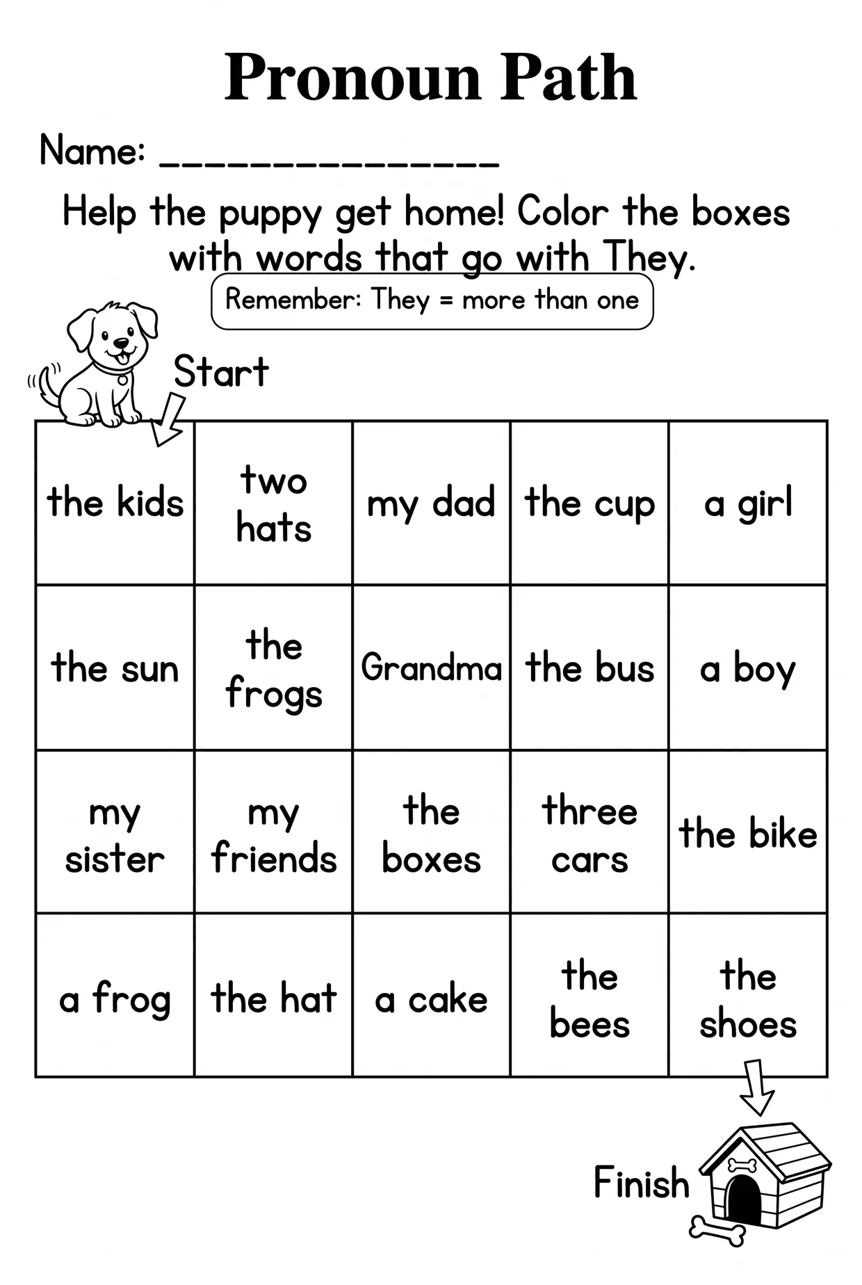 Pronoun Path Maze Worksheet for Grade 1, page 1 preview