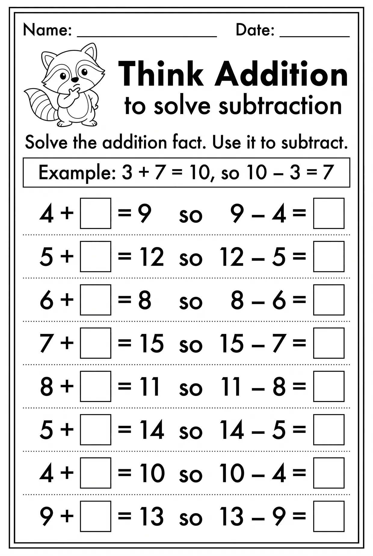 Think Addition to Solve Subtraction Worksheet Grade 1, page 1 preview