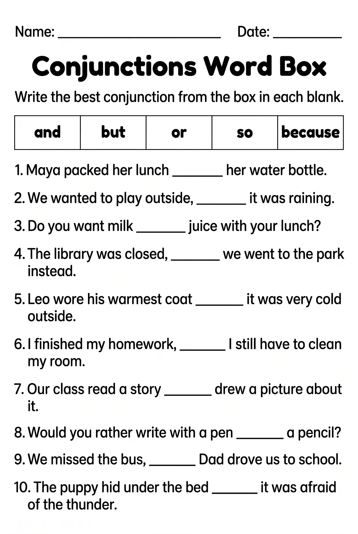 Conjunctions Word Box Worksheet for 3rd Grade, page 1 preview
