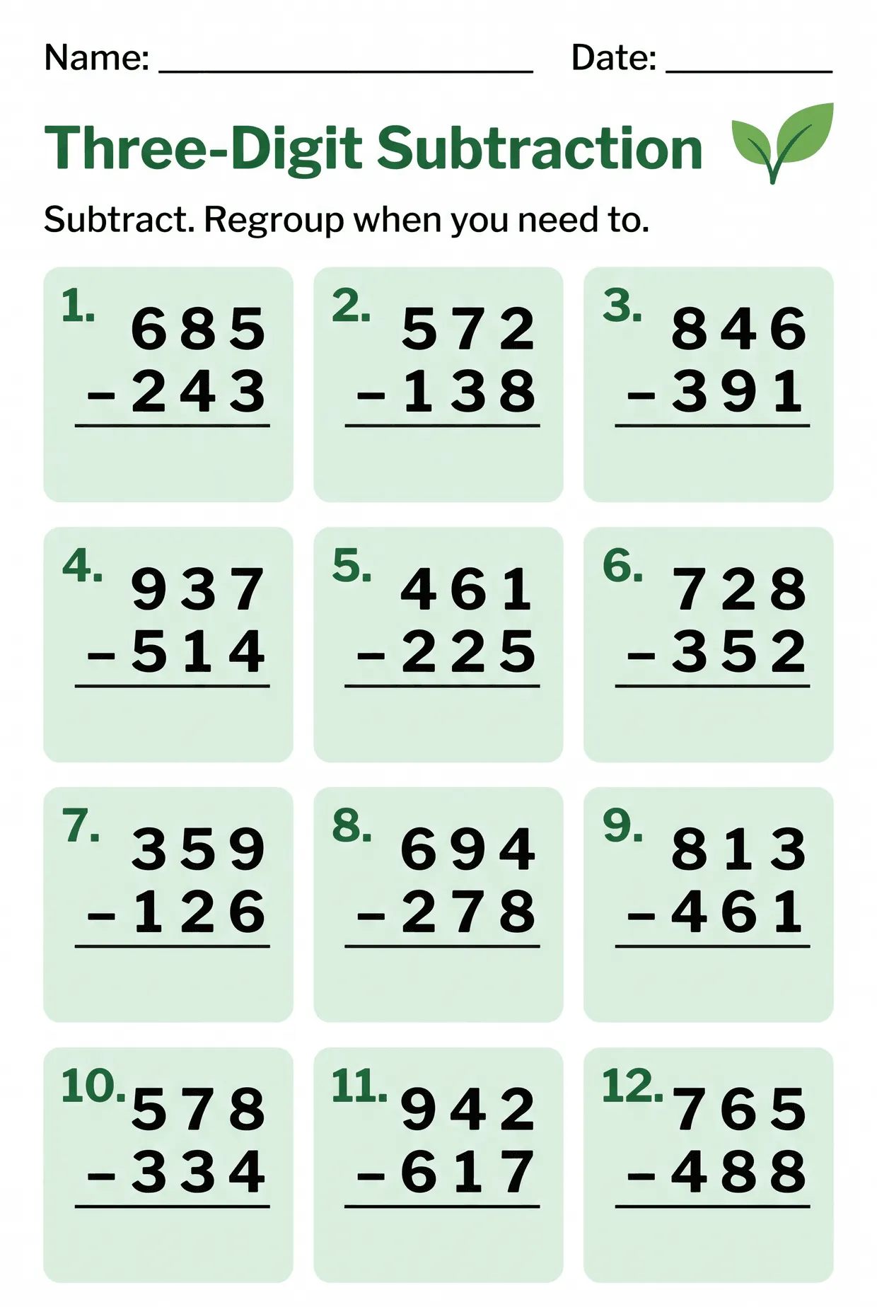 Three-Digit Subtraction Worksheet for Grade 2, page 1 preview