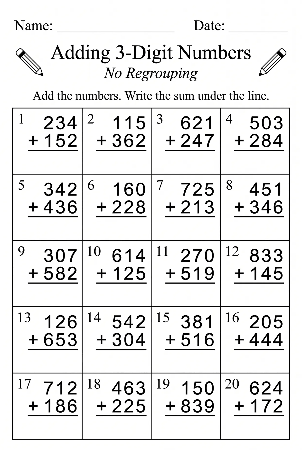 3-Digit Addition Without Regrouping: Grade 2 Worksheet, page 1 preview