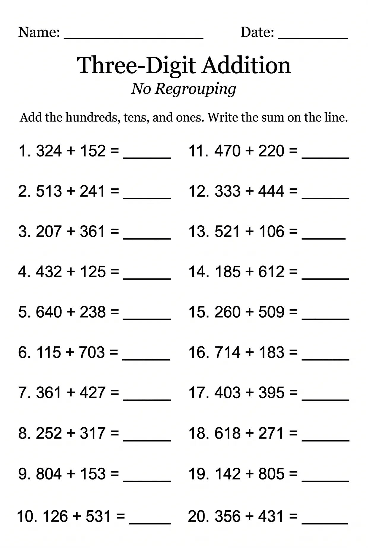 Horizontal Three-Digit Addition Worksheet for Grade 2, page 1 preview