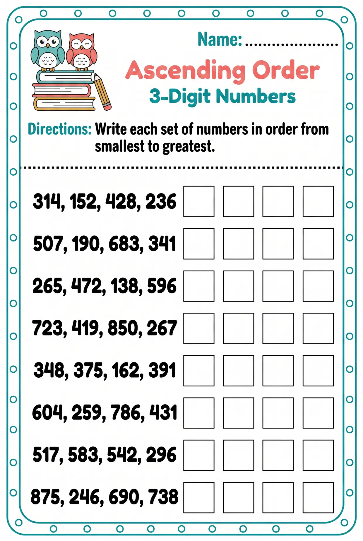 Ascending Order Worksheet: 3-Digit Numbers, page 1 preview