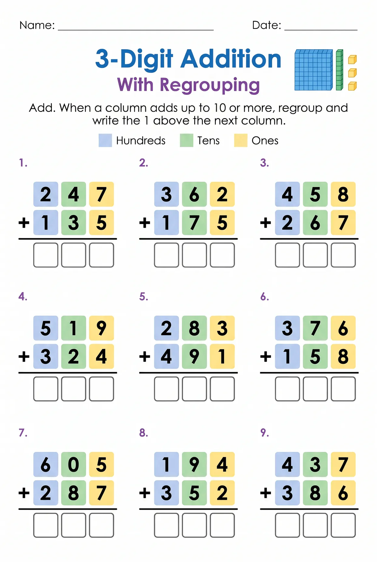 Color-Coded Place Value Addition Worksheet for Grade 2, page 1 preview
