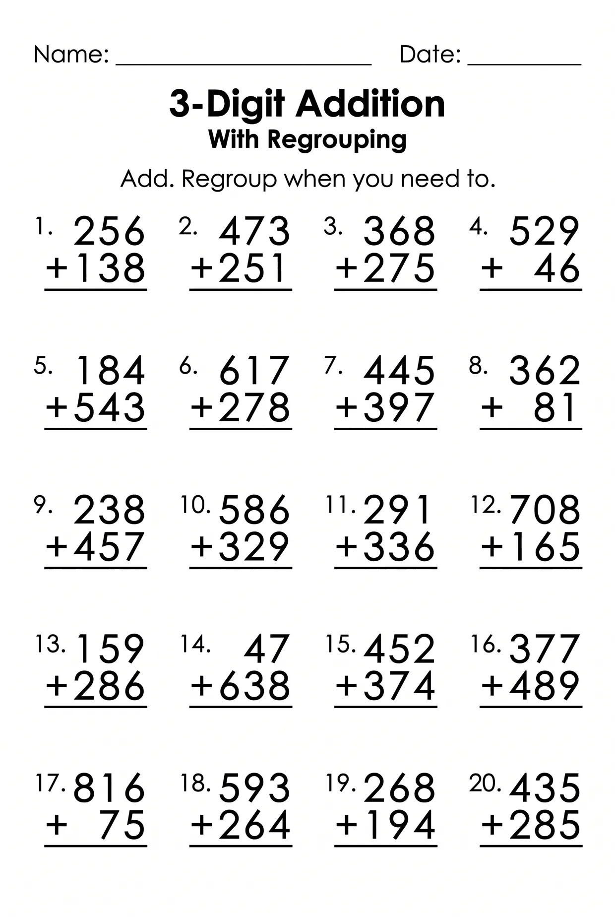 3-Digit Addition With Regrouping Worksheet for 2nd Grade, page 1 preview