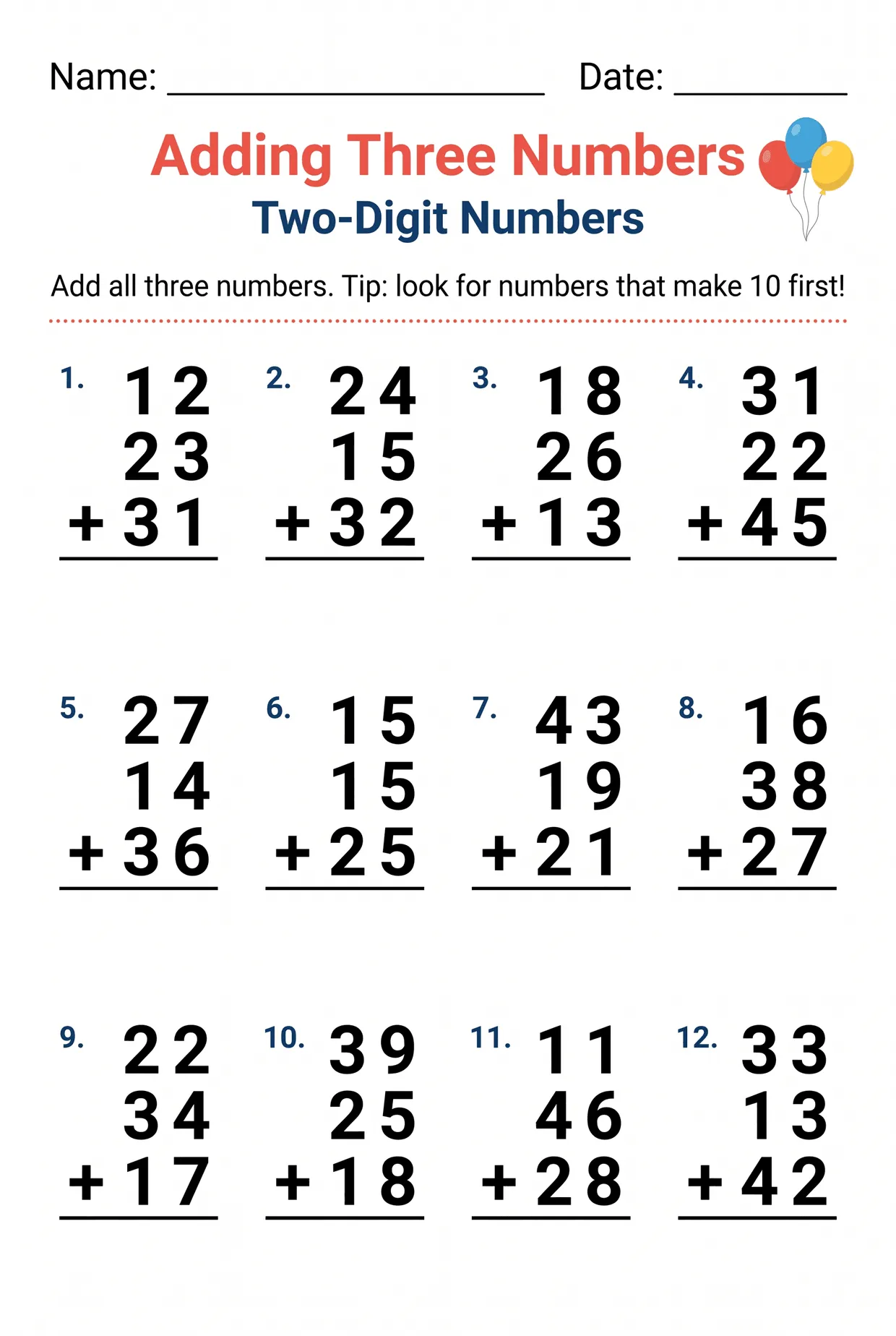 Add Three Two-Digit Numbers Worksheet for Grade 2, page 1 preview