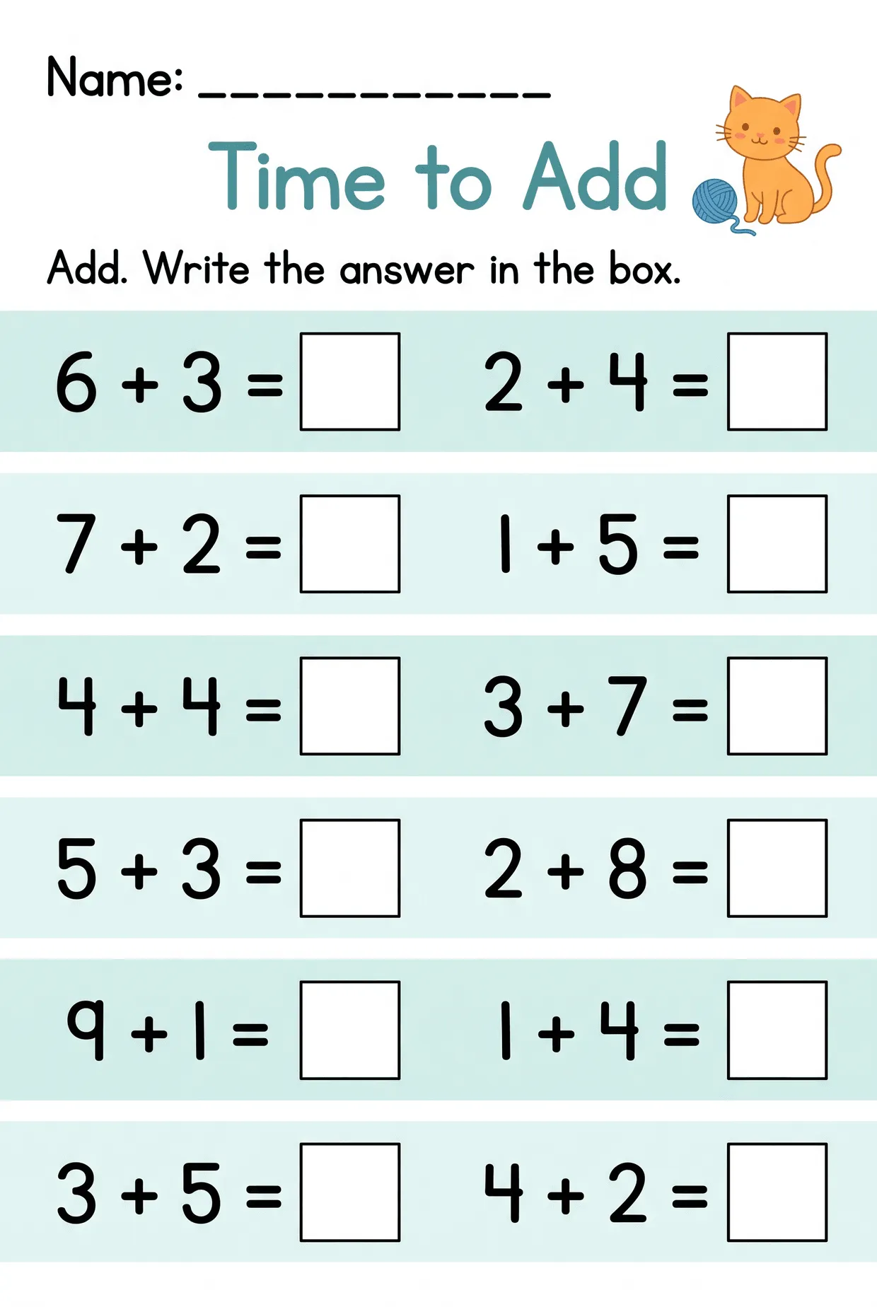 Time to Add Kitten Kindergarten Addition Worksheet, page 1 preview