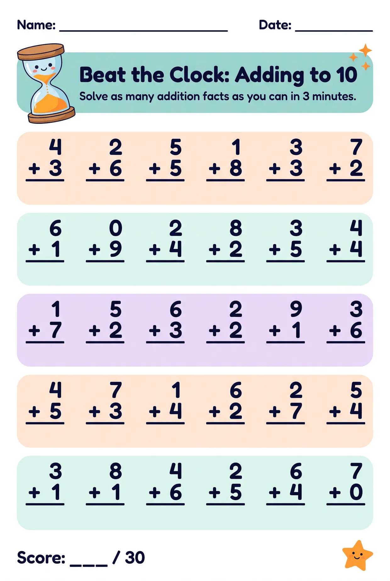 Three Minute Timed Addition Worksheet for Grade 1, page 1 preview