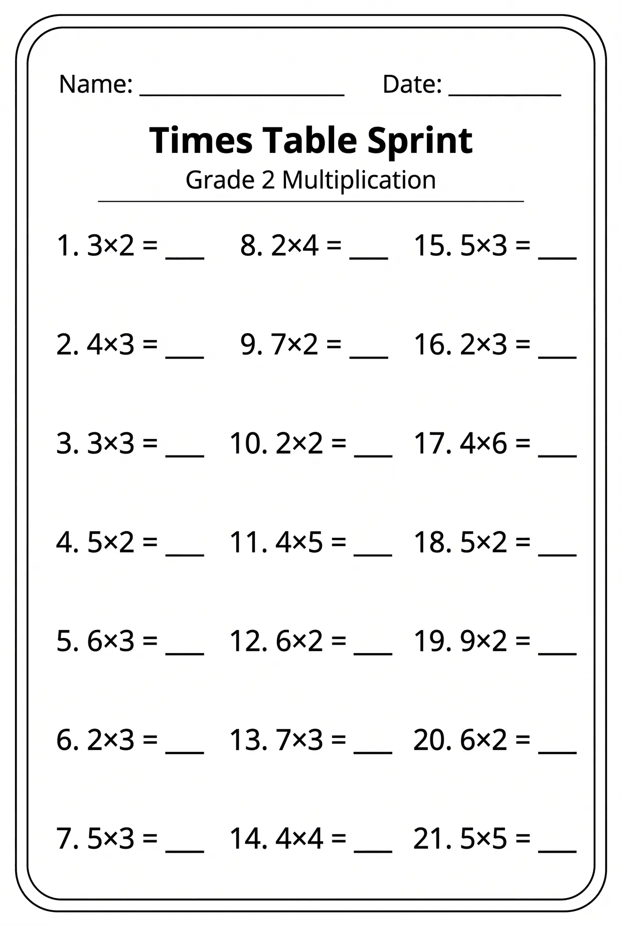 Times Table Sprint: Grade 2 Multiplication Worksheet, page 1 preview